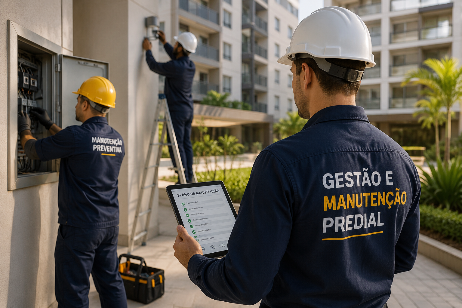 Equipe realizando gestão e manutenção predial em condomínio